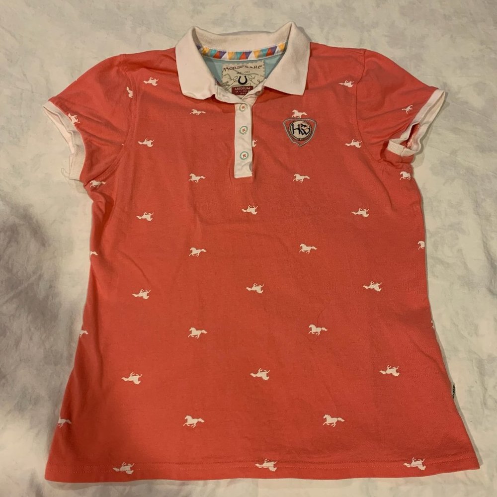 horseware polo shirt - woman's M, coral/pink horse print